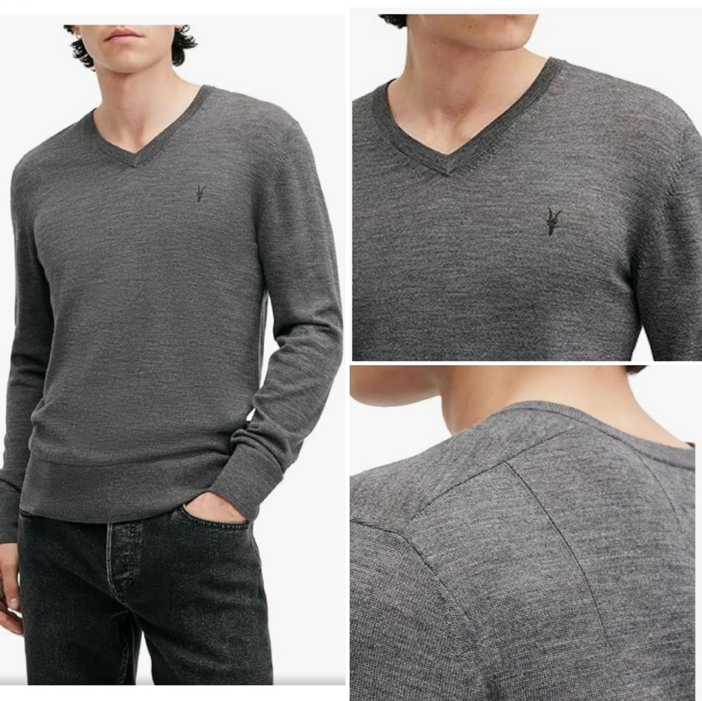 AllSaints Mode Merino Wool V-Neck Gray Sweater Sz XL